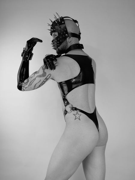 'MILE', latex bodysuit with high cut leg