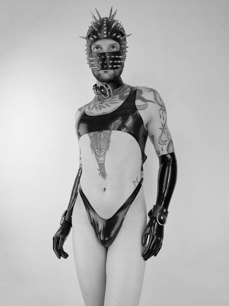 'MILE', latex bodysuit with high cut leg