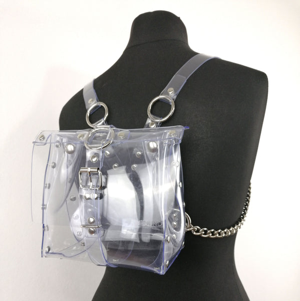 'ALJA' clear PVC backpack with chains and cross detail