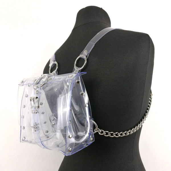 'ALJA' clear PVC backpack with chains and cross detail