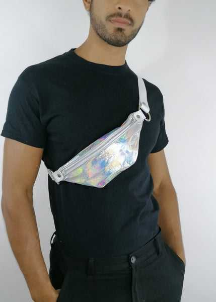 'SANDRA' leather waist bag, iridescent silver rainbow