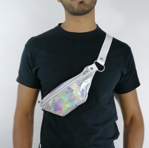 'SANDRA' leather waist bag, iridescent silver rainbow