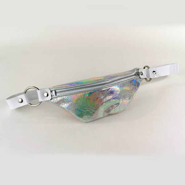 'SANDRA' leather waist bag, iridescent silver rainbow