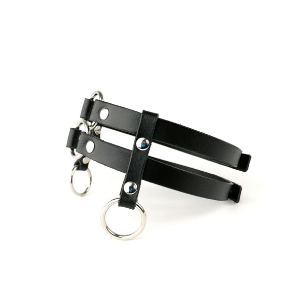 'ŽIVA' two strap, black leather choker with rings