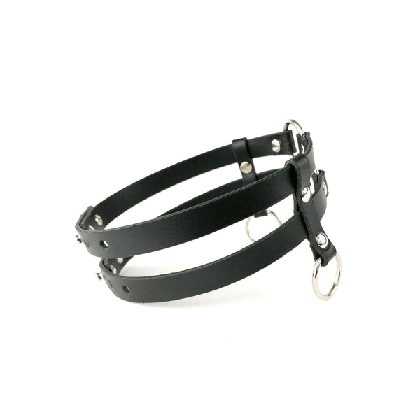 'ŽIVA' two strap, black leather choker with rings
