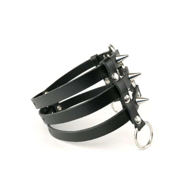 'DRAGOVIT' three-strap, black leather choker with spikes