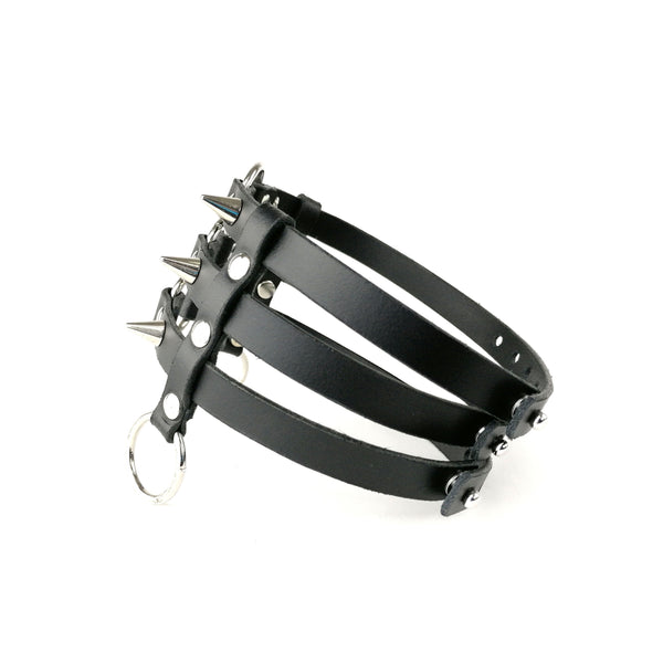 'DRAGOVIT' three-strap, black leather choker with spikes