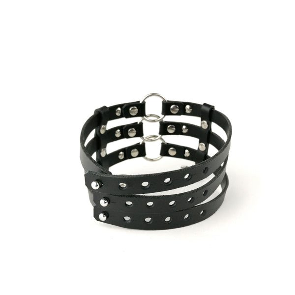 'DRAGOVIT' three-strap, black leather choker with spikes