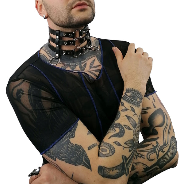 'DRAGOVIT' three-strap, black leather choker with spikes