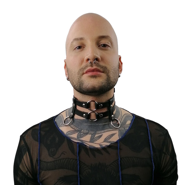 'ŽIVA' two strap, black leather choker with rings
