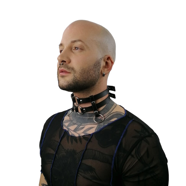 'ŽIVA' two strap, black leather choker with rings