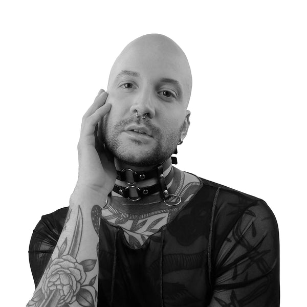 'ŽIVA' two strap, black leather choker with rings