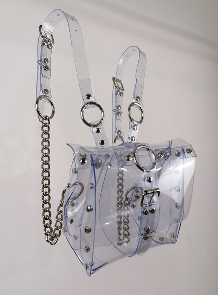 'ALJA' clear PVC backpack with chains and cross detail