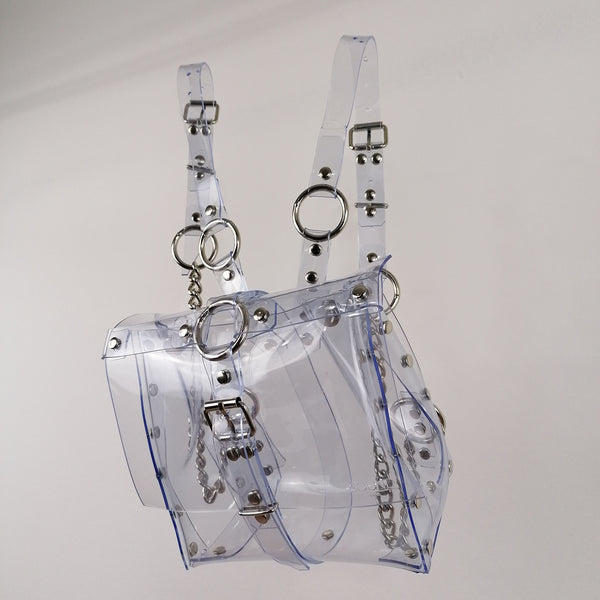 'ALJA' clear PVC backpack with chains and cross detail