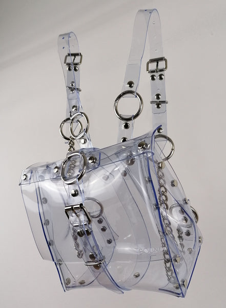 'ALJA' clear PVC backpack with chains and cross detail