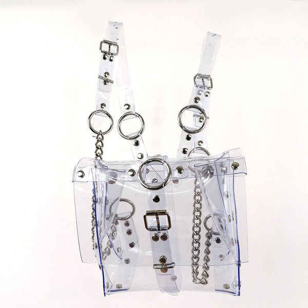 'ALJA' clear PVC backpack with chains and cross detail