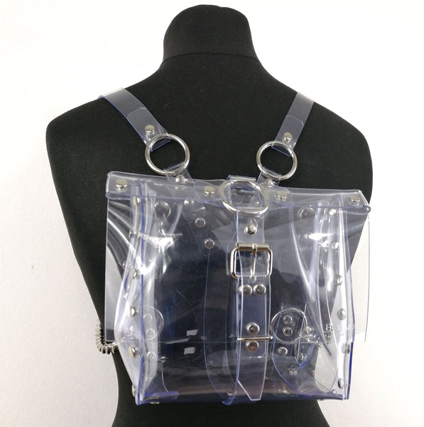 'ALJA' clear PVC backpack with chains and cross detail