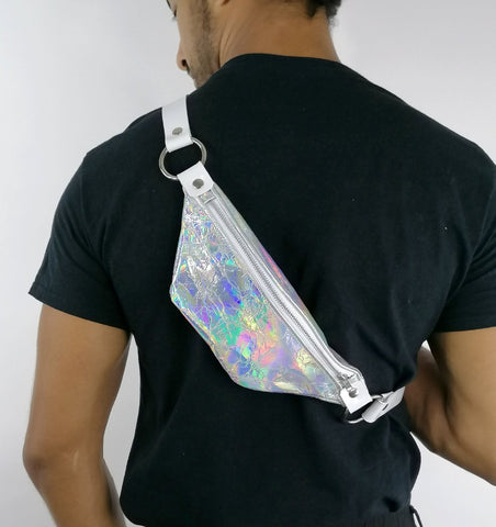 'SANDRA' leather waist bag, iridescent silver rainbow