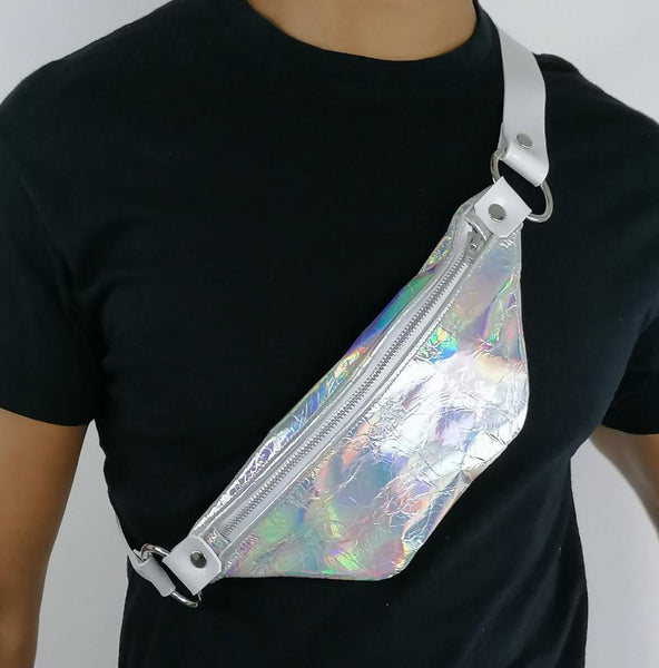 'SANDRA' leather waist bag, iridescent silver rainbow
