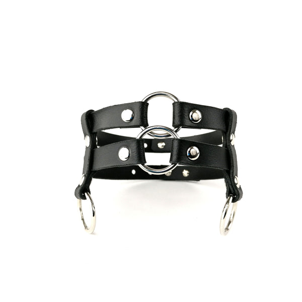 'ŽIVA' two strap, black leather choker with rings