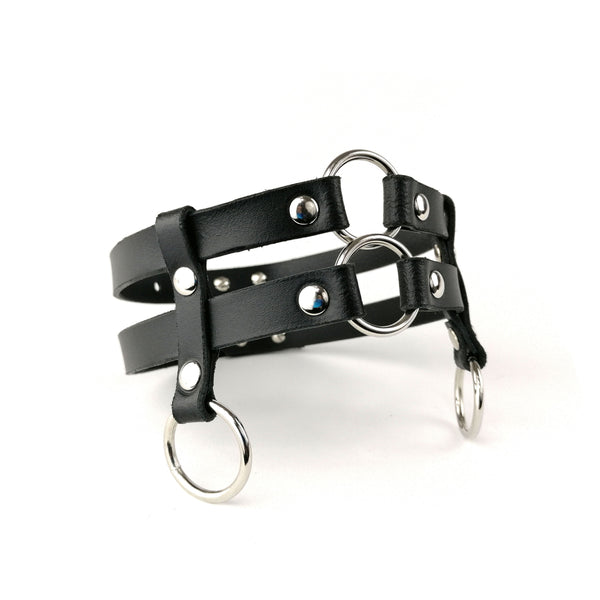 'ŽIVA' two strap, black leather choker with rings