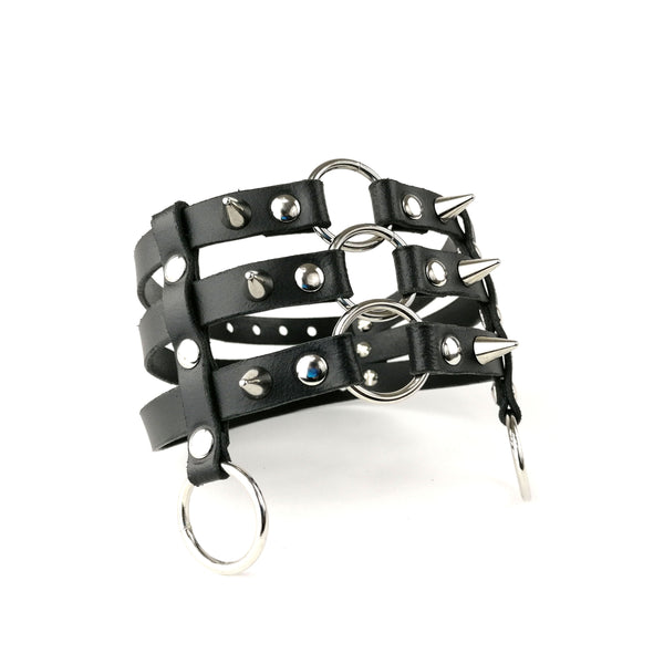 'DRAGOVIT' three-strap, black leather choker with spikes